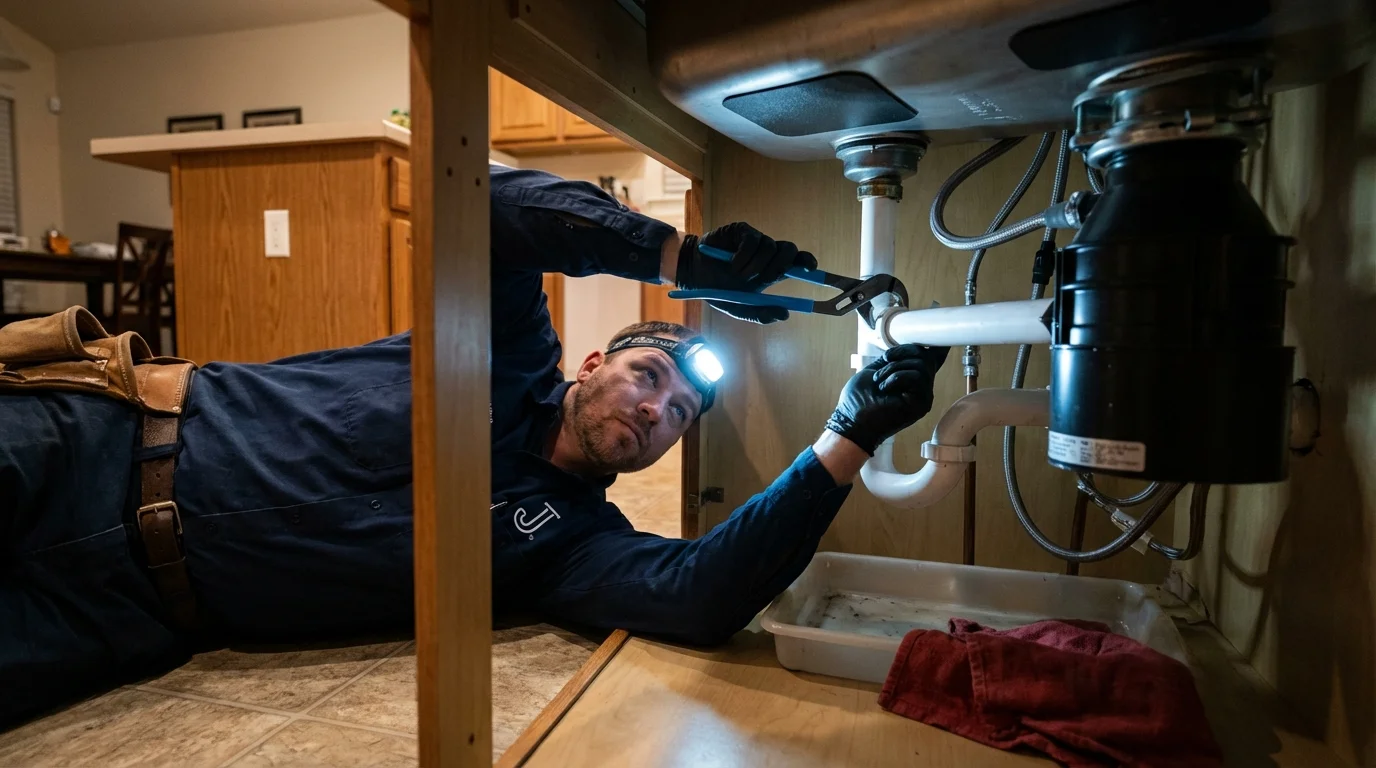P-trap and supply line connections under a kitchen sink showing a common leak point in Dixon, CA